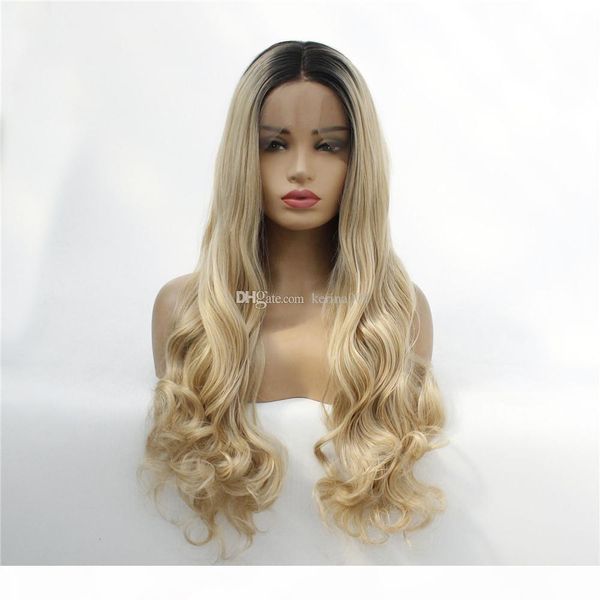 

natural big wavy long hair wigs made in ombre color heat resistant fiber synthetic lace front wig on sale, Black