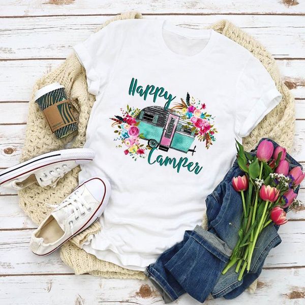 

women graphic camper flower truck flower cute vacay summer shirt lady clothes t-shirt womens clothing tee female t shirt, White