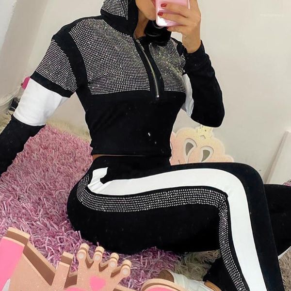 

new fashion female tracksuits sequined patchwork hoodie crop and long pants casual two piece set 2 piece set sportswear d301, Gray