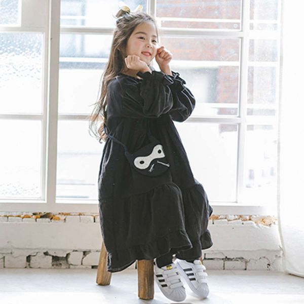 

children's girls' autumn 2020 korean new zhongda long sve cotton hemp loose cake drs d2lg, Red;yellow