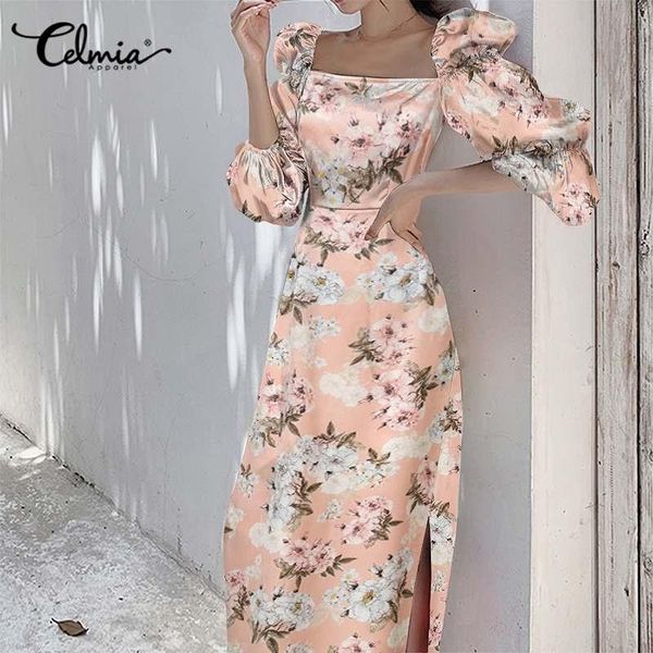 

casual dresses celmia bohemian elegant dress women's floral print square collar slit midi vestidos ladies puff sleeve holiday robe, Black;gray