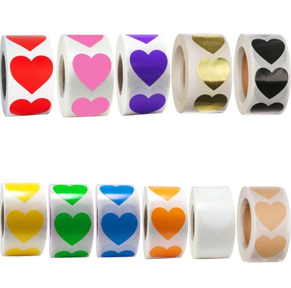 500 pezzi / rotolo Personalizza etichette adesive a cuore Codice colore Etichette a punti Adesivi 1 pollice Rosso, blu, rosa, nero, adesivi personalizzati Cancelleria 9068