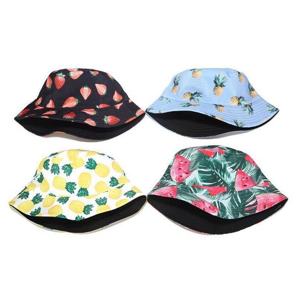 

summer two sides wear reversible bucket hat bohemian pineapple watermelon fruits printing foldable fisherman cap, Blue;gray