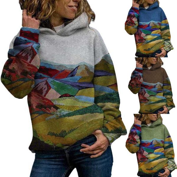 

fashion mountain print hoodies women hooded landscape print sweatshirt female lady autumn winter pullovers streetwear #115, Black
