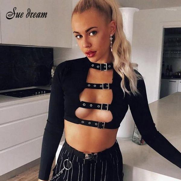 

fashion hollow out tight-fitting short belly button t-shirt metal buckle o-neck long-sleeved female tide1, White