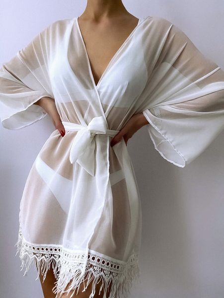 

fringe trim sheer kimono with belt e3hk#, White;black