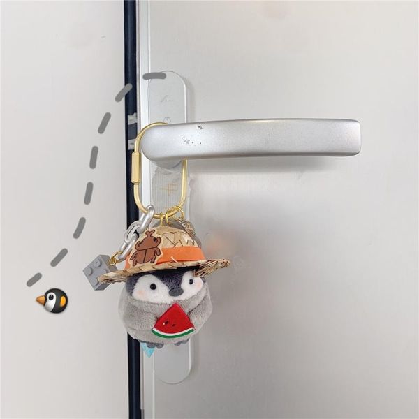 

cute cartoon straw hat penguin plush doll keychain for women girl bag charm schoolbag pendant decoration car key accessories, Silver