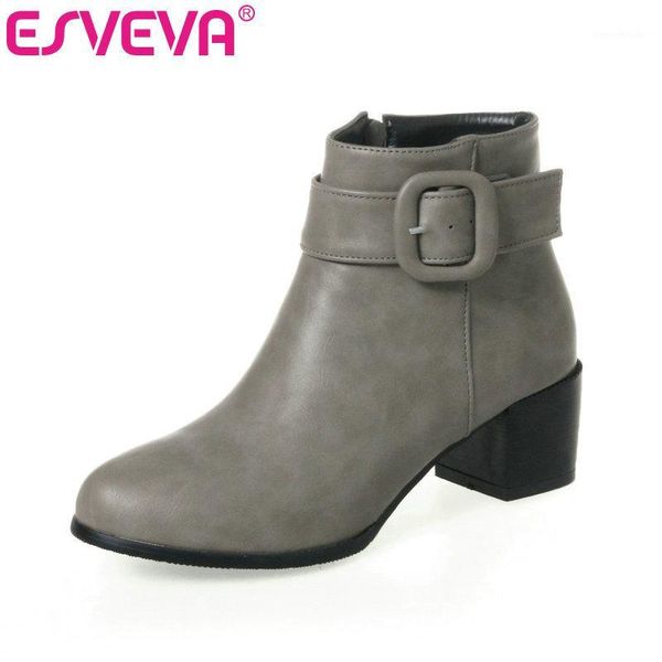 

boots esveva 2021 square heel women shoes winter pu leather ankle zipper motorcycle concise pointed toe short size 34-431, Black