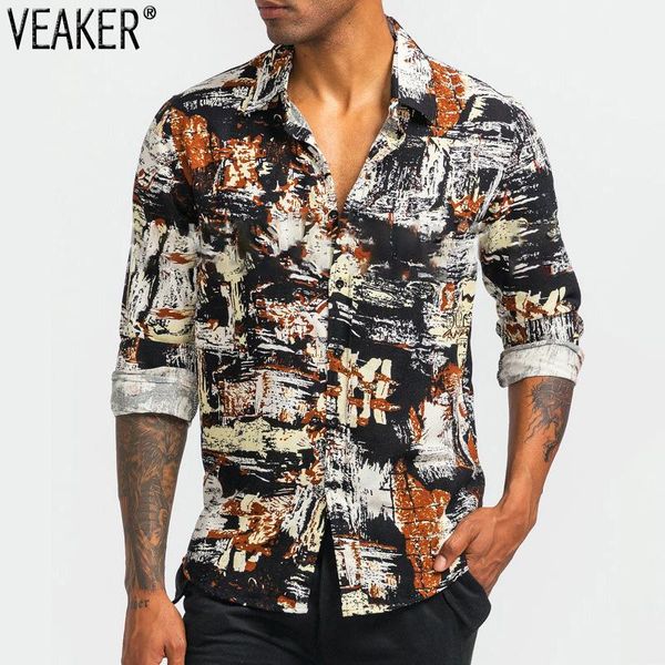 

2020 new men's floral printed cotton linen shirts male vintage long sleeve flower printed shirt slim fit linen shirt -3xl, White;black