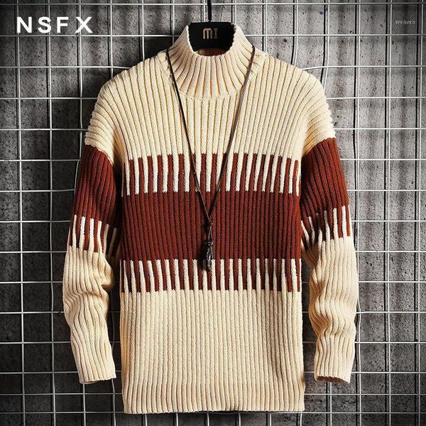 

2021 men's wear vertical stripe pullover turtleneck sweater youth winter long-sleeved color matching casual sweater trend1, White;black