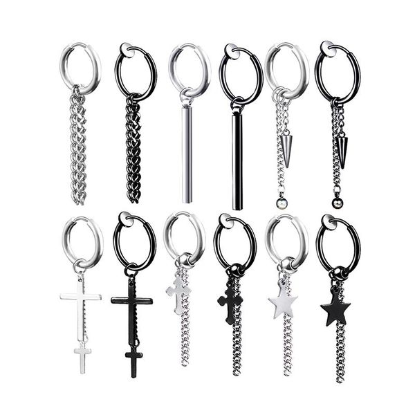 

1pcs hip hop punk black titanium stainless steel tassel drop earrings for men women boys statement ear clip brincos gifts, Silver