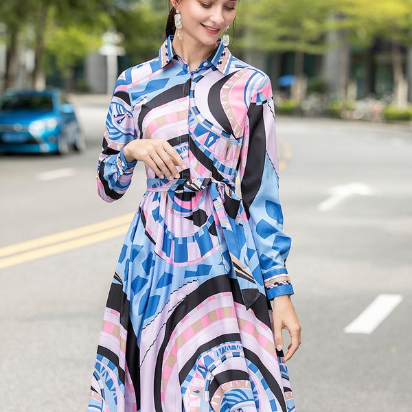 

autumn retro style print long sleeve thin belt elegant trim temperament mid length dress women's clothing i7r1, Black;gray