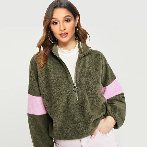 

women's hoodies & sweatshirts patchwork fleece 2021 autumn winter warm for women casual long sleeve zipper teddy hoodie loose, Black