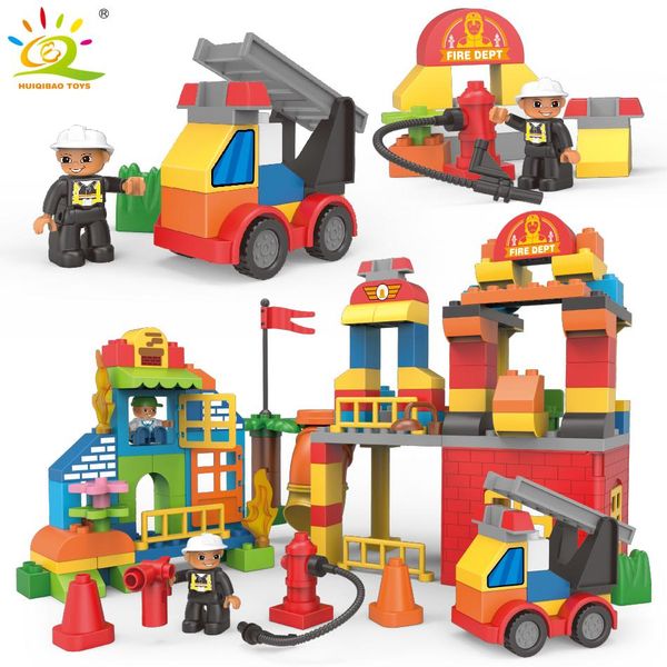 

huiqibao 124pcs diy big size city fire station building block compatible duploe truck brick firefighter figure toys for children sqcgfk