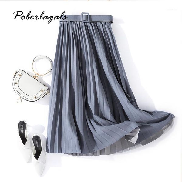 

autumn summer women vintage elegant midi skirt with belt 2020 women high waist pleated skirts womens lady casual skirts female1, Black