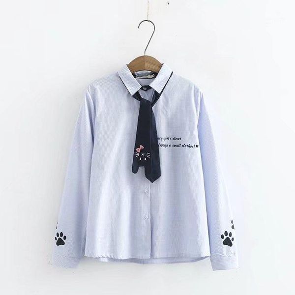 

mori girl female small fresh 2020 letters striped kitten embroidered long-sleeved shirt 308341, White