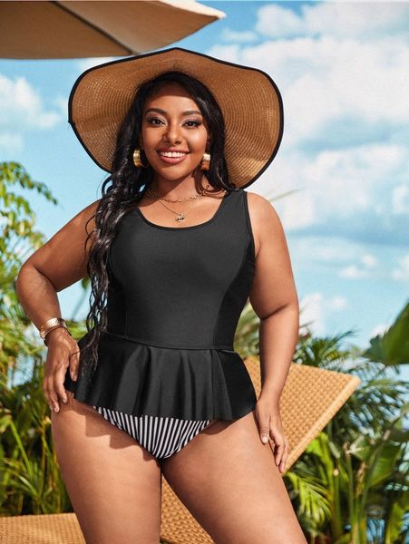 

plus striped ruffle hem high waisted bikini swimsuit t4gx#, Black