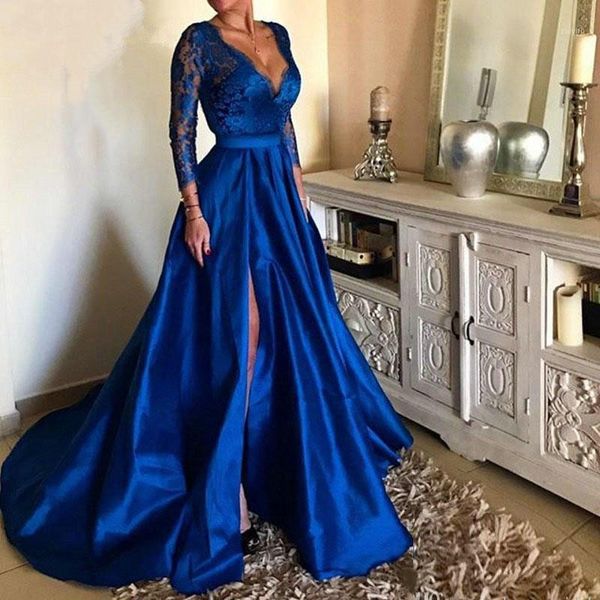 

2019 royal blue plus size prom dresses v neck lace appliques long sleeve front split formal evening dresses party gowns1, White;black