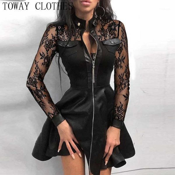 

women long sleeve high neck sheer mesh lace zipper design pu leather dress patchwork fashion chic dresses1, Black;gray