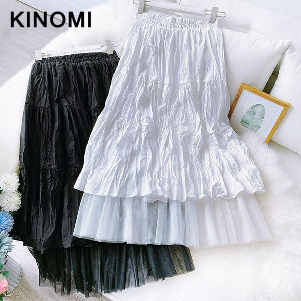 

kinomi 2020 new spring summer vintage ruffles women's long skirts korean style high waist folds white color a-line skirts female1, Black