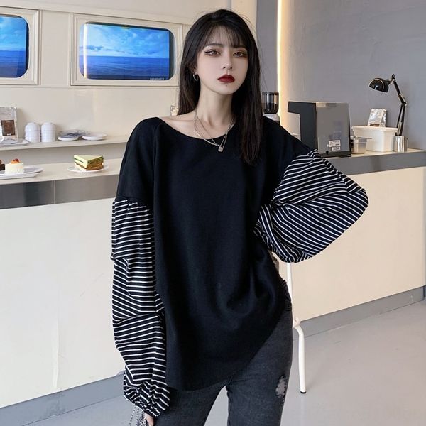 

autumn 2020 new design feeling back tether elastic long sleeve loose stripe stitching fake two pieces of sanitary t-shirt t-shirt clothes fo, Black
