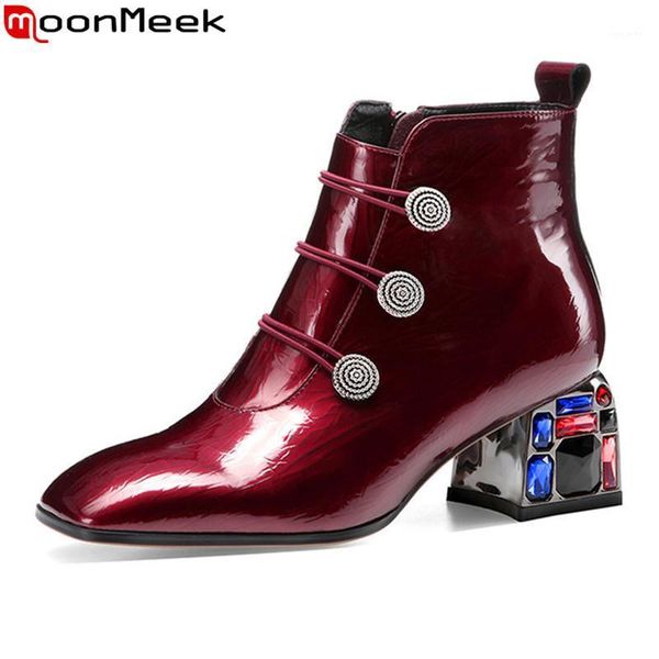 

moonmeek 2020 genuine leather women boots classic med heels square toe zip ladies shoes black red autumn ankle boots1