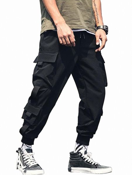 

men flap pocket tape panel cargo pants c9jl#, Black