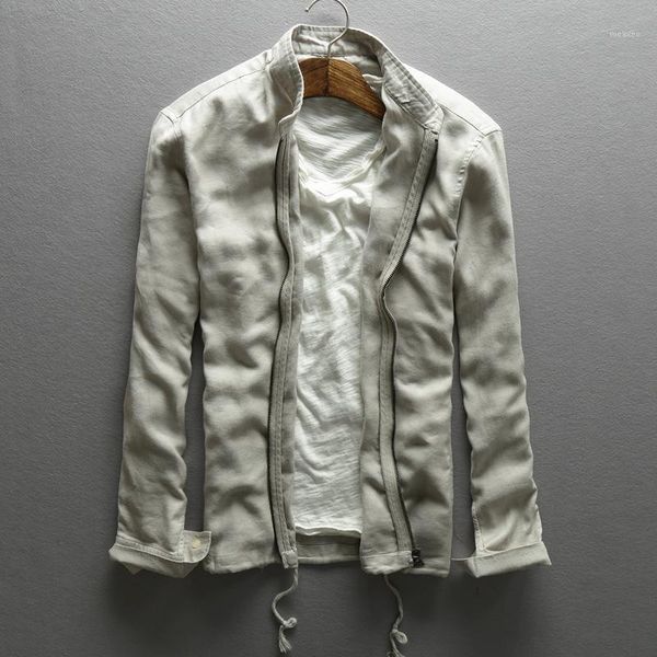 

2021 men's autumn linen jacket mandarin collar slim casual jacket men beige gray dark blue thin outerwear for men solid1, Black;brown