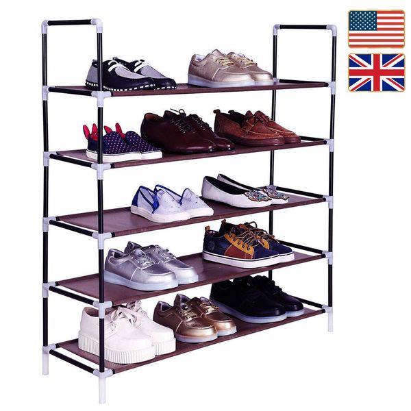 

stock in us uk stackable shoe rack storage shelves shoe organizer stainless steel simple assembly 5 tiers non-woven fabric brown