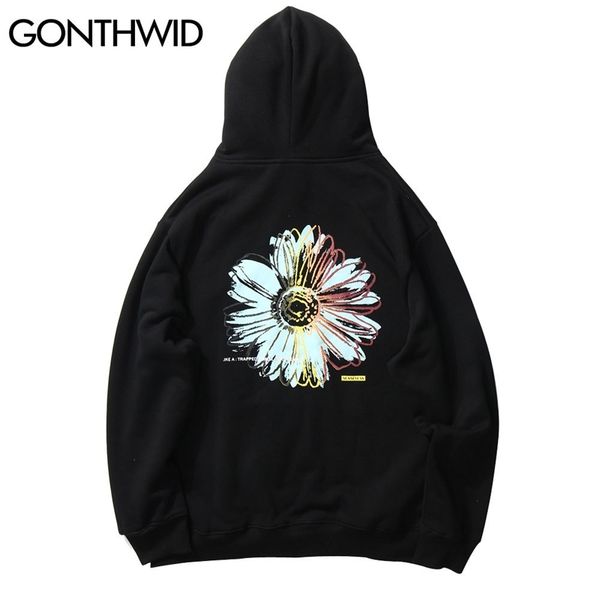 

gonthwid creative daisy flowers print hooded sweatshirts hoodies streetwear mens hip hop casual pullover hoodie harajuku 201113, Black