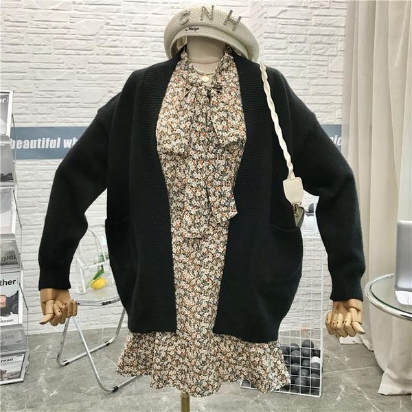 

women's tracksuits pure color wild loose sweater knitted jacket + floral lace bowknot chiffon dress two-piece suit 0923, Gray