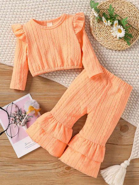 

baby ruffle trim cable textured pullover & flare leg pants she, White