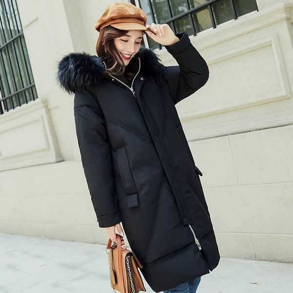

2018 winter new raccoon fur collar hooded down coats female long design white duck down coats1, Black