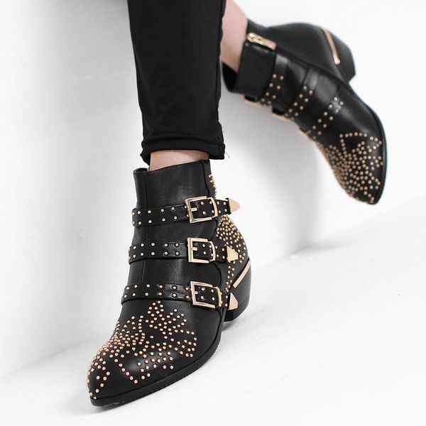 

enplei ботильоны женщины из натуральной кожи круглого toe rivet цветов boots сусанны шипованной женщина luxury botas mujer размер 34-39, Black