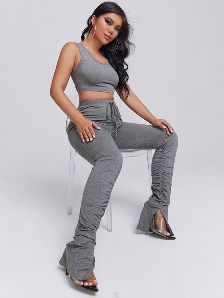 

crop tank & knot front ruched hem leggings n3zk#, White