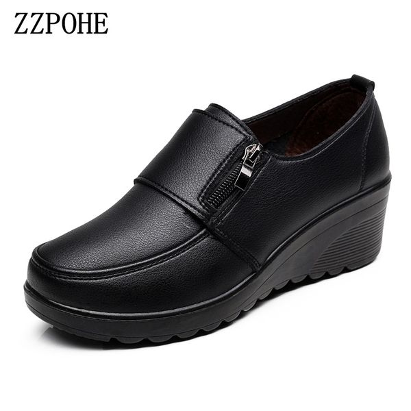 

zzpohe spring autumn women's fashion pumps shoes woman genuine leather wedge single casual shoes mother high heels shoes t200525, Black