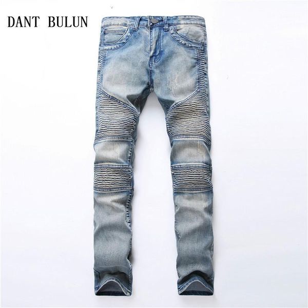 

biker jeans men stretch straight skinny elastic blue khaki denim jeans mens hip hop motorcycle pleated trousers1