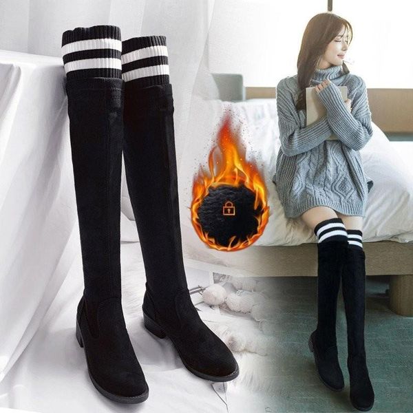 

heels knee botines breathable knitted stripe martin botas mujer stretch thigh high long socks boots women shoes over-the-knee, Black