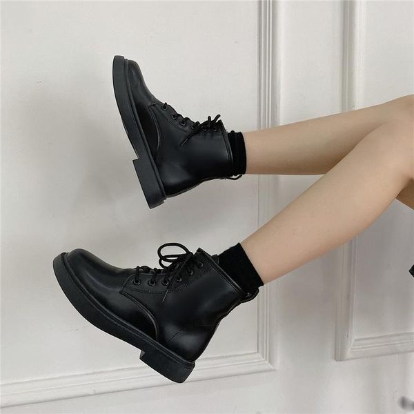 

lady boots shoes winter footwear round toe luxury designer boots-women lace up lolita 2021 rock fashion autumn low ankle rubber, Black