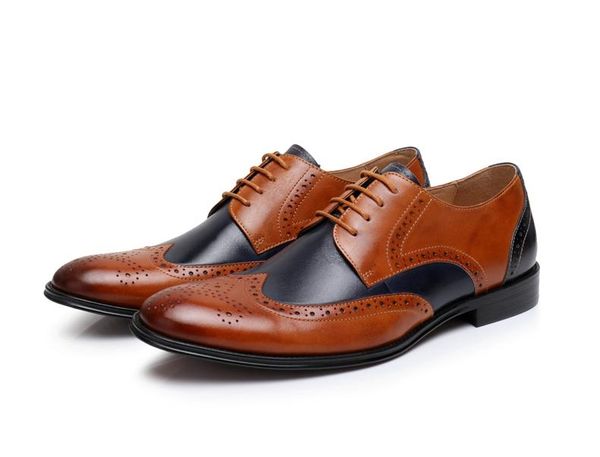

luxury classic mens brogue oxfords dress shoes genuine cow leather brown pointed toe lace up male formal footwear wedding party, Black
