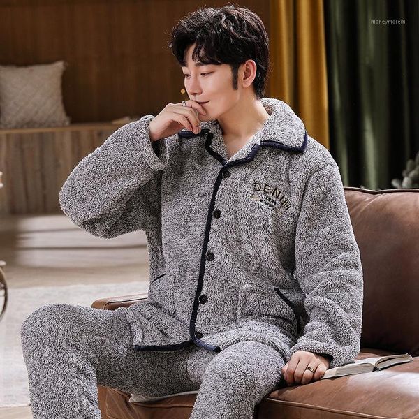 

men's sleepwear men's autumn and winter pajamas cationic flannel thickened warm long-sleeved cardigan can be worn outside home ser, Black;brown