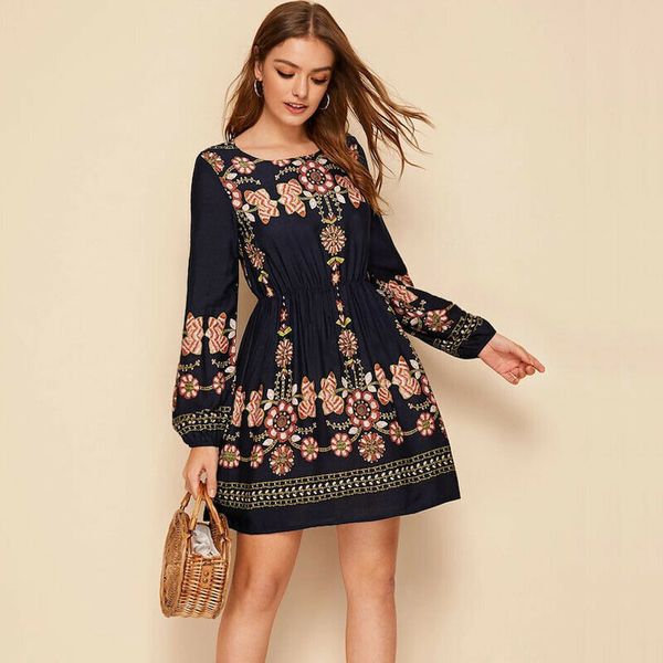 

new women boho lantern long sleeve floral dress elastic waist o-neck evening party casual mini dress, Black;gray