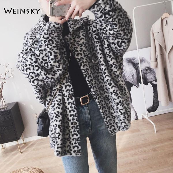 

women's fur & faux winter imitation mink velvet coat warm leopard print, Black
