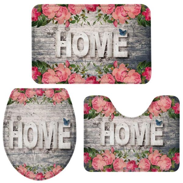

bath accessory set wood grain retro home flower bathroom toilet cover mat pedestal rug non-slip accessories doormat