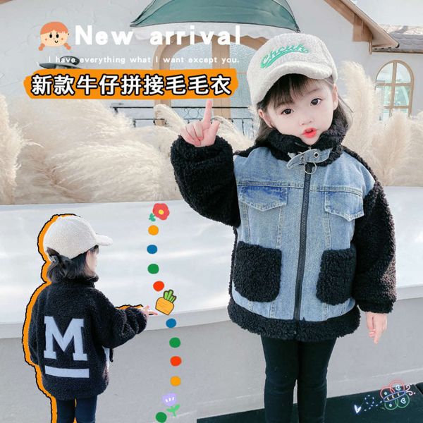 

foreign girls' 2020 winter drs new sle denim stitching sweater middle and small children's korean version thickened et hw0s, Black