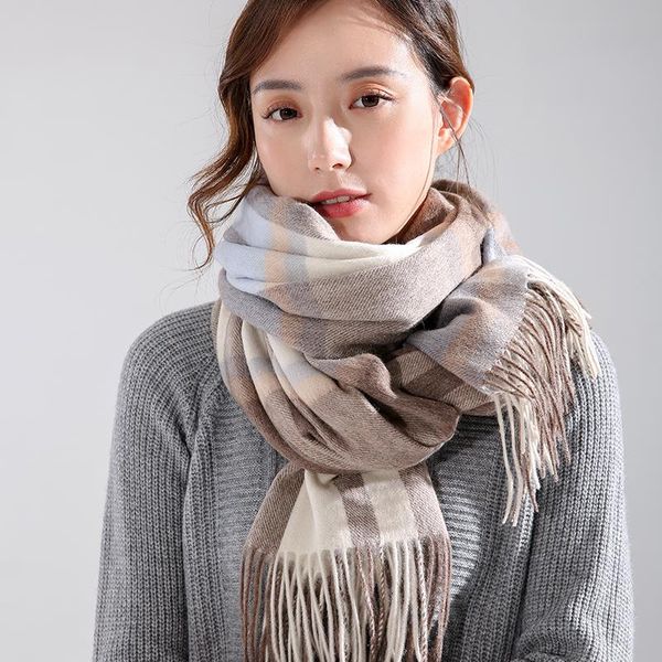 

scarves winter 100% pure wool scarf women plaid 2021 thicken shawl and wrap warm cashmere echarpe foulard, Blue;gray