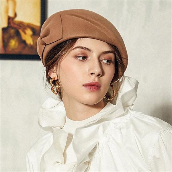 

berets autumn and winter hats bow ladies british stewardess pure wool felt, Blue;gray