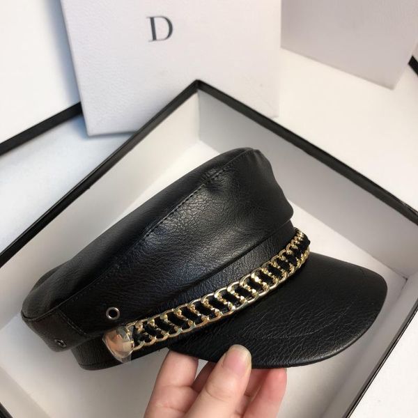 

202101-zhouxingqi-chain fashion black faux leather pu fashion leisure octagonal hat men women visors cap, Blue;gray