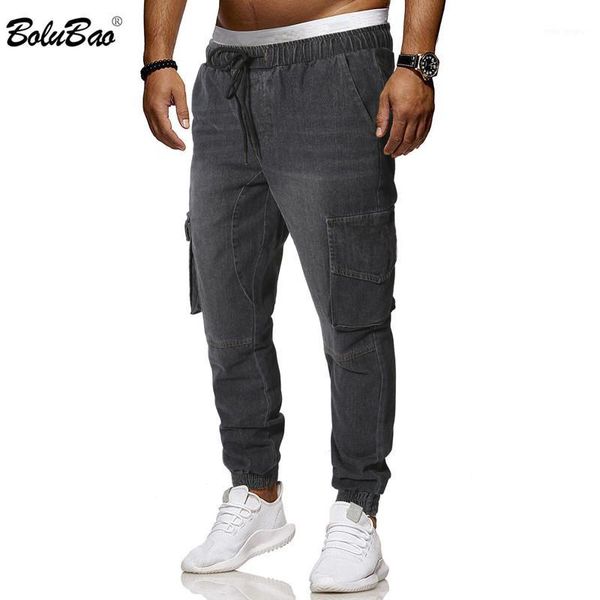 

bolubao brand men fashion jeans men's classic cargo pocket denim trousers solid color drawstring casual jeans male1, Blue