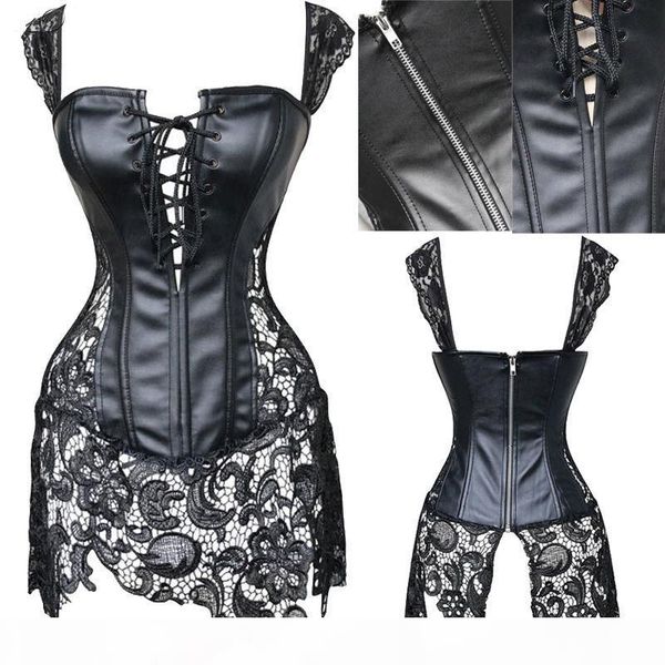 

womens corsets faux leather steampunk gothic clothing long fashion black green corset lace up bustier overbust plus size ai, Black;white